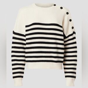 MAJE Black and Off-White Striped Knit Marino Sweater with Button Detail NWT